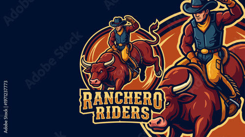 Cowboy Riding Bull Illustration.