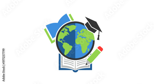 Global Education Concept:  World Globe with Books, Pencil, and Graduation Cap Illustration.