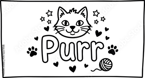 Black and white purr text with cat face stars and yarn ball vector art