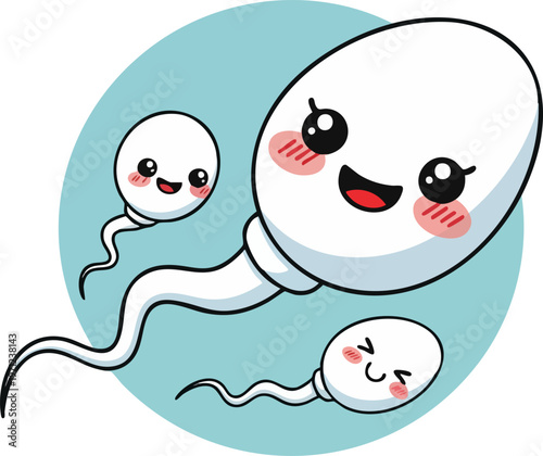 Kawaii sperm cell cartoon characters, cute smiling human reproductive cells with faces, friendly sperm vector illustration for fertility education