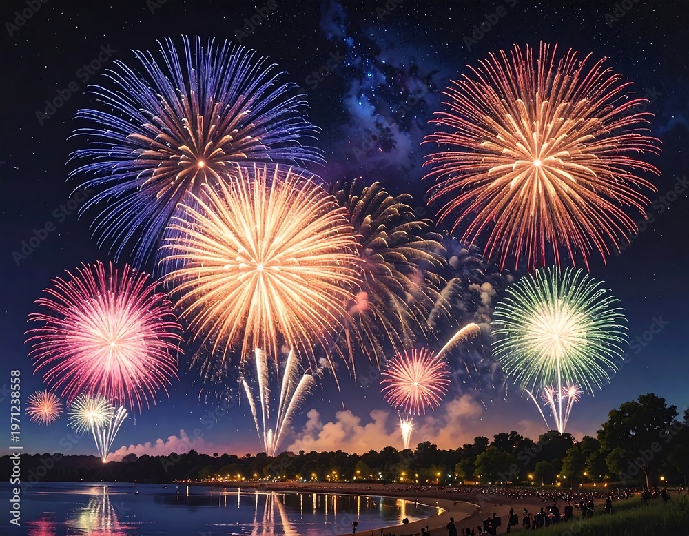 Fototapeta premium Vibrant fireworks exploding over serene lake at dusk