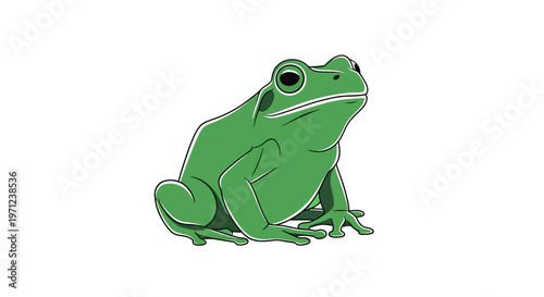 A vibrant illustration of a green frog in a minimalistic, graphical style on a white background