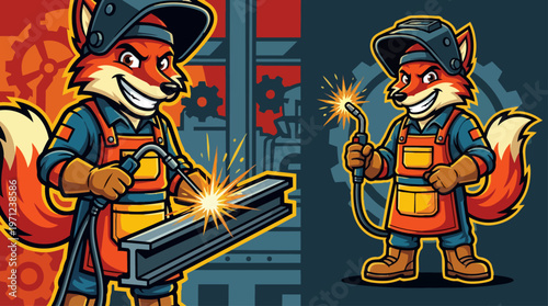 Fox wearing apron welding metal.