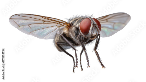 Photography Detailed Common Housefly with Red Eyes and Fuzzy Body