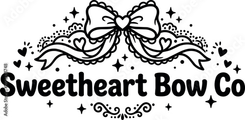 Black and white sweetheart bow with heart details and decorative stars vector art