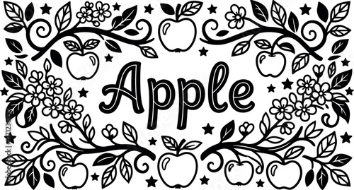 Black and white apple lettering with floral branches and stars vector art