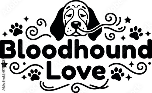 Black and white bloodhound love text with dog face and paw prints vector art