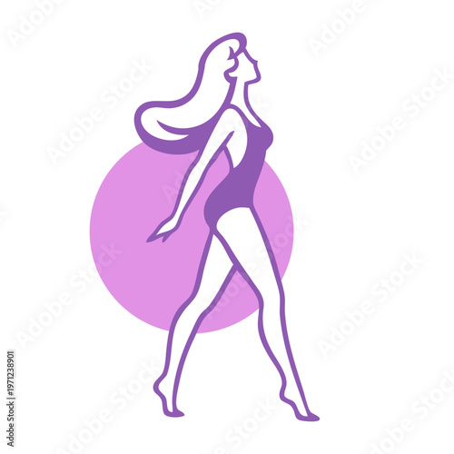 Logotipo con dibujo con líneas de una mujer con bikini de estilo retro y pelo largo andando con un círculo de fondo 