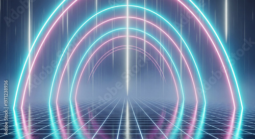 Futuristic Neon Arch Grid Background With Glowing Light Portal Scene 24