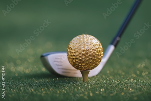 Close-up of a metallic gold golf ball placed on a tee with a club behind it on green grass. The unusual golden finish conveys luxury, exclusivity, and high-end golf branding.