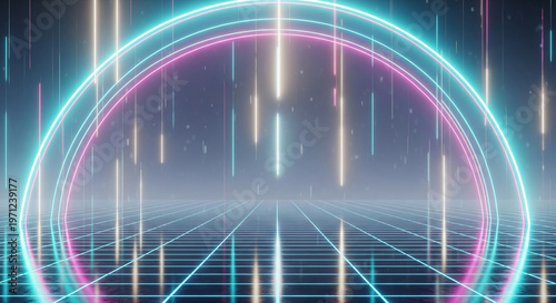Futuristic Neon Arch Grid Background With Glowing Light Portal Scene 29