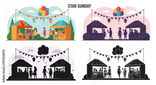 Festive market scene with colorful stalls and happy people celebrating