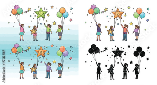 Slika na platnu Children joyfully holding colorful star shaped lanterns and balloons aloft