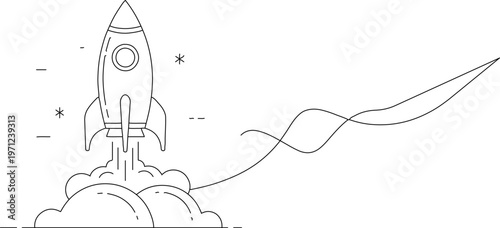 Minimalist rocket launch line art vector, space shuttle taking off with smoke clouds, business startup concept illustration in thin line style