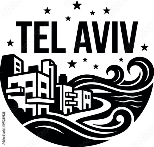 Tel aviv skyline with stars and waves