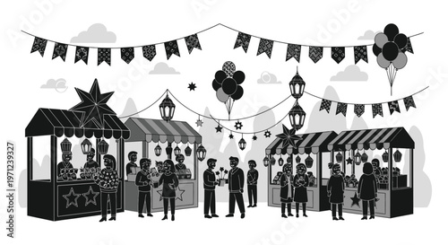 A grayscale illustration depicts a bustling ramadan night market scene
