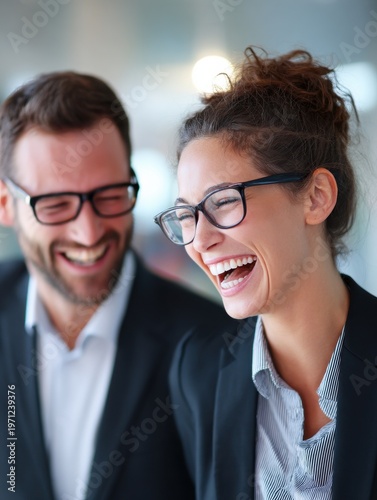 office colleagues laughing together with business background