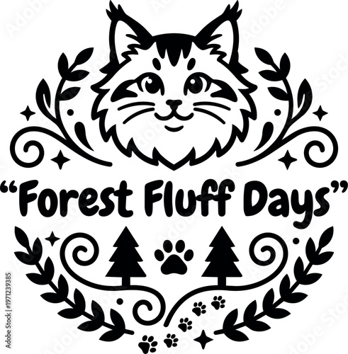 Black and white forest fluff days cat face with paw prints and pine tree vector art