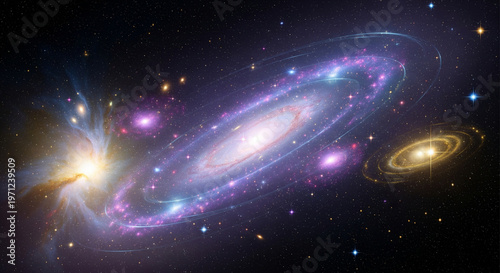 Elliptical Galaxy With Orbiting Star Systems In Deep Space