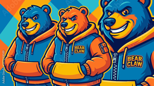 Three cartoon bears wearing hoodies.
