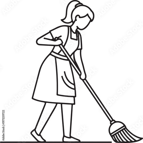 Cleaning, household, janitorial, sweeping, woman icon, line art, black and white, vector illustration