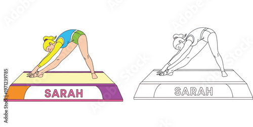Gymnastics Stretching Exercise Character Sarah Illustration Set, Colored and Line Art Vector Drawing of a Girl Doing Yoga and Hamstring Stretch on Platform for Coloring Book