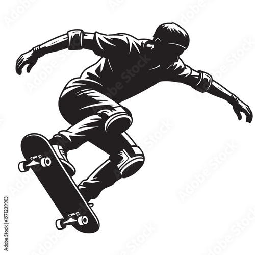 Silhouette of a skateboarder doing a trick with knee pads with protective gear with extreme sport with urban sport