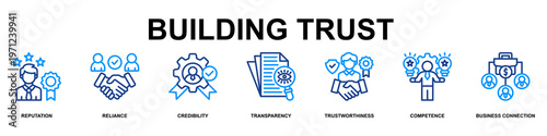 Building Tust Banner Web Line Color Icon Vector Illustration Concept for Business with Icons of Reputation, Reliance,Credibility, Transparency, Trustworthiness, competence and Business Connection