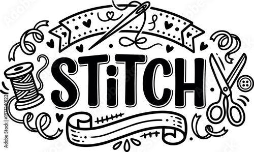 Black and white lettering stitch with needle scissors and thread spool vector art