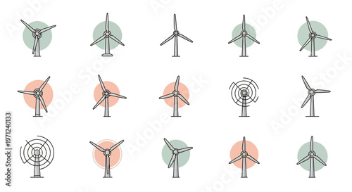 Illustrated Collection of Wind Turbines in Varied Angles and Artistic Circular Backdrops