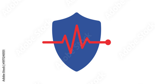 Medical protection symbol with a heart rate graph on a blue shield against a white backdrop