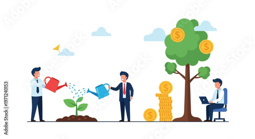 Business professionals diligently cultivate financial growth, illustrating the strategic journey from initial investment to achieving substantial monetary returns and wealth.
