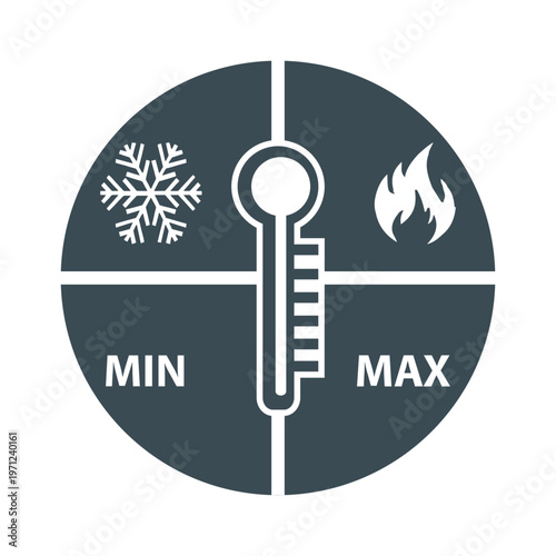 Temperature control hot cold min max circular thermostat icon with snowflake and flame symbols in flat modern design