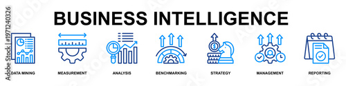 Business Intellegence Banner Web Line Color Icon Vector Illustration Concept for Business with Icons of Data Mining, Measurement, Analysis, Benchmarking, Strategy, Management and Reporting