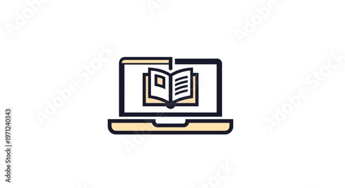 Online education concept featuring a laptop and a book icon on a clean white background