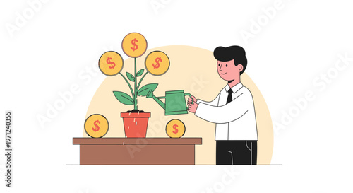 A diligent businessman carefully nurtures a vibrant money tree, symbolizing successful financial investment, wealth growth, and prosperous future planning.