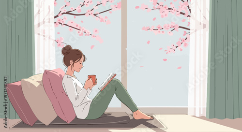 Cozy girl reading book by window with cherry blossoms, peaceful spring morning at home, young woman relaxing with coffee and pillows vector illustration