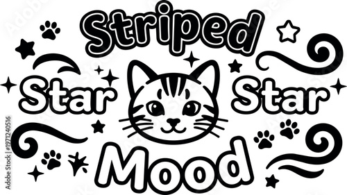 Striped star mood cute cat face with stars and paw prints black and white line art