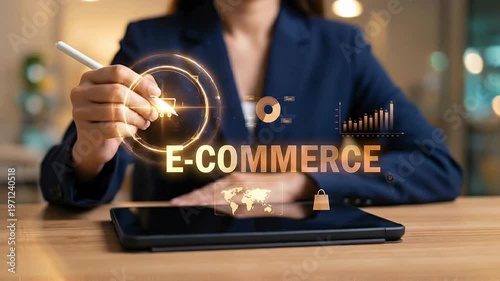 Businesswoman Interacting with Holographic E-Commerce Interface | Futuristic Online Shopping and Digital Commerce Concept | Professional Using Tablet with Glowing Ecommerce IconsBusinesswoman Interact