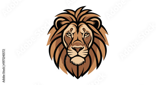 A stylized illustration of a lion's head with majestic features in a logo format
