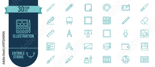 Illustration and Graphic Design Icon Set with 30 Editable Stroke Vector Icons for Art, Drawing and Creative Tools