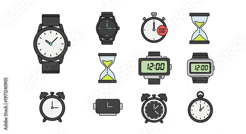 Collection of various timekeeping instruments and devices isolated on white background