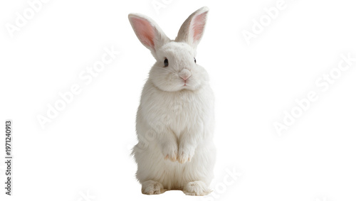 Canvastavla Fluffy snow-white rabbit sitting upright, displaying pink nose and alert ears