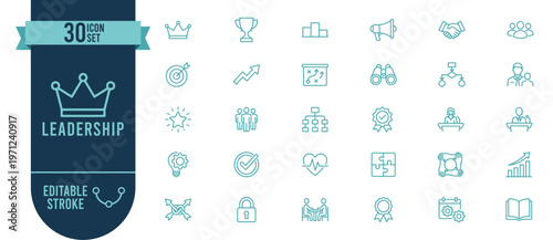 Leadership and Management Icon Set with 30 Editable Stroke Vector Icons for Business Strategy, Team and Success