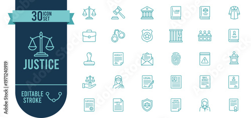 Justice and Law Icon Set with 30 Editable Stroke Vector Icons for Legal, Court and Judicial System