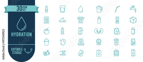 Hydration and Water Icon Set with 30 Editable Stroke Vector Icons for Drinking Water, Health and Wellness