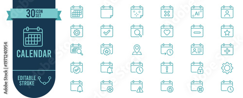Calendar and Schedule Icon Set with 30 Editable Stroke Vector Icons for Planning, Event and Time Management
