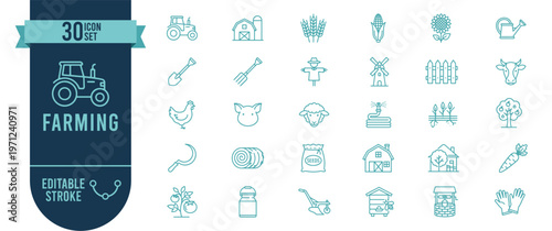 Farming and Rural Life Icon Set with 30 Editable Stroke Vector Icons for Agriculture, Animals and Crop Harvest