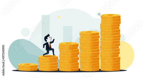 A determined businessman climbs a progressively taller staircase of gleaming gold coins, symbolizing financial growth, career advancement, and successful investment.