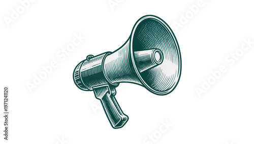 Fotografie Vintage brass megaphone, detailed engraving style showing classic public address